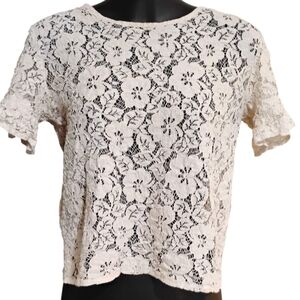 Cream Floral Lace Short Sleeve Blouse Back Keyhole Closure | Size 4
